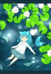 1girl afloat animal animal_ears blue_eyes blue_hair blue_skirt buttons cat_ears closed_mouth collared_shirt diode_(0_division) fins fish flower frilled_skirt frills full_body highres lily_(flower) lily_pad long_sleeves looking_to_the_side no_shoes original outdoors pond shirt skirt solo white_flower white_shirt 