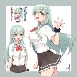  1girl adapted_costume alternate_hairstyle black_scrunchie bow bowtie breasts brown_skirt collared_shirt cowboy_shot dress_shirt frilled_skirt frills green_eyes green_hair highres kantai_collection long_hair medium_breasts minosu msile multiple_views orange_bow orange_bowtie pleated_skirt ponytail scrunchie shirt skirt suzuya_(kancolle) suzuya_kai_ni_(kancolle) waving white_shirt wrist_scrunchie 
