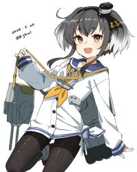 1girl absurdres adapted_turret anchor_ornament bigkwl black_hair black_pantyhose blue_sailor_collar brown_eyes commentary_request dress gradient_hair grey_hair hat highres kantai_collection long_sleeves mini_hat multicolored_hair neckerchief one-hour_drawing_challenge open_mouth pantyhose rigging sailor_collar sailor_dress short_hair short_hair_with_long_locks smile smokestack_hair_ornament solo teeth thighband_pantyhose tied_dress tokitsukaze_(kancolle) twintails upper_teeth_only white_dress yellow_neckerchief 