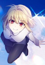  1girl antenna_hair arcueid_brunestud arm_at_side black_pantyhose blonde_hair blue_skirt blush boots breasts brown_boots clouds cloudy_sky floating floating_clothes floating_hair foreshortening full_moon gpnr_47 hair_intakes highres jewelry leaning_forward leg_lift looking_at_viewer miniskirt moon necklace pantyhose plaid_clothes plaid_skirt red_eyes short_hair skirt sky smile solo sparkle sweater tsukihime tsukihime_(remake) turtleneck turtleneck_sweater white_sweater 