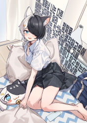  1girl animal_ears aningay black_hair black_skirt blue_eyes cat_ears cat_girl commentary hair_over_one_eye highres indoors korean_text looking_at_viewer multicolored_hair open_mouth original shirt short_hair skirt solo two-tone_hair white_hair white_shirt 