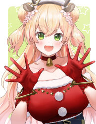  1girl absurdres animal_ears animal_hairband antlers bell belt blonde_hair blush border breasts choker christmas collarbone commentary crossed_bangs deer_ears double_bun dress english_commentary fake_animal_ears fake_antlers fang flower fur-trimmed_dress fur_trim gloves gradient_hair green_background green_eyes hair_bun hair_flower hair_ornament hands_up hat high-waist_belt highres hololive hololive_christmas_outfit horns jingle_bell large_breasts long_hair looking_at_viewer momosuzu_nene multicolored_hair neck_bell off-shoulder_dress off_shoulder official_alternate_costume open_hands open_mouth outside_border pink_hair pom_pom_(clothes) red_choker red_dress red_gloves reindeer_antlers sidelocks simple_background skin_fang smile solo star_(symbol) two_side_up upper_body virtual_youtuber white_border yuki_(asayuki101) 
