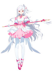  1girl absurdres ankle_bow ankle_strap bare_shoulders blue_archive bow breasts chinese_commentary commentary_request corset crescent crescent_hair_ornament detached_sleeves dress earrings feishi full_body gloves hair_ornament head_wings highres holding holding_staff jewelry long_hair looking_at_viewer mage_staff magical_girl medium_breasts multicolored_hair neck_ribbon pink_corset pink_dress pink_shoes pink_streaks red_eyes ribbon shoes simple_background single_head_wing solo staff standing star_(symbol) star_earrings strapless strapless_dress streaked_hair suzumi_(blue_archive) suzumi_(magical)_(blue_archive) thigh-highs white_background white_gloves white_hair white_thighhighs wings 