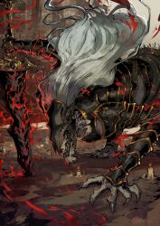  1boy absurdres armor armored_animal black_armor black_helmet candle claws covered_eyes elden_ring fangs furry furry_male gauntlets gold_trim greatsword greaves helmet highres holding holding_sword holding_weapon huge_weapon leg_armor male_focus maliketh's_black_blade maliketh_the_black_blade mane mariosdalart ornate_armor pauldrons planted planted_sword red_aura shoulder_armor sword weapon white_fur 