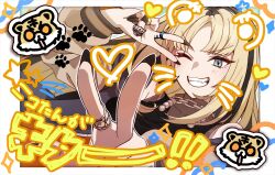  1girl :3 :d ;d arm_up black_jacket black_nails black_shirt black_streaks black_tank_top blonde_hair border breasts chain chain_around_neck chain_necklace commentary_request crop_top cropped_shirt dot_nose drawn_ears drawn_heart drawn_star drawn_whiskers fangs fingernails foreshortening from_below green_background green_eyes grin halterneck heart highres hololive hololive_dev_is jacket jewelry koganei_niko koganei_niko_(1st_costume) letterman_jacket long_fingernails long_hair looking_at_viewer medium_breasts middle_part multicolored_hair multicolored_jacket multiple_rings nail_polish necklace off-shoulder_jacket off_shoulder one_eye_closed outline outstretched_arm parted_bangs paw_print polaroid_photo raglan_sleeves ring see-through_clothes see-through_shirt sharp_fingernails shirt sidelocks sleeveless sleeveless_shirt sleeves_past_wrists slit_pupils smile solo sparkle star_(symbol) streaked_hair sukajan sushida_hayari tank_top tiger translation_request two-tone_hair upper_body v v-shaped_eyebrows v_over_eye virtual_youtuber w white_border white_outline zipper 