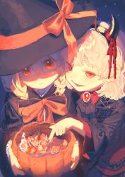  2girls absurdres black_cloak black_dress black_hat black_nails blonde_hair bow braid candy cloak closed_mouth commentary demon_girl dress fake_horns food gem hair_between_eyes halloween halloween_bucket halloween_costume happy hat highres holding holding_halloween_bucket horns light_frown long_hair looking_at_viewer multiple_girls night open_mouth orange_bow orange_eyes orange_nails original pointing red_dress red_eyes red_gem red_ribbon ribbon sharp_teeth sky soramameponzu standing star_(sky) starry_sky teeth twin_braids two-tone_dress untranslatable_commentary watermark witch 