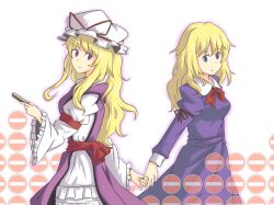  2girls blonde_hair blue_eyes bow bowtie check_commentary closed_mouth collared_dress commentary_request contrast_collar dress folding_fan frilled_dress frilled_sleeves frills grabbing_another's_hand hand_fan hat hat_ribbon holding holding_fan juliet_sleeves long_dress long_hair long_sleeves maribel_hearn missing_headwear mob_cap multiple_girls puffy_sleeves purple_dress purple_tabard red_bow red_bowtie red_ribbon ribbon road_sign sign sleeve_cuffs sleeve_garter sleeve_ribbon smile stop_sign tabard touhou unagi_sango violet_eyes white_background white_dress white_hat wide_sleeves yakumo_yukari yukari_is_merry_theory_(touhou) 