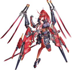  1girl absurdres armor bare_shoulders black_gloves breasts commentary_request covered_navel floating floating_object floating_weapon full_body gauntlets gloves hair_ornament high_ponytail highres hk419 holding holding_weapon japanese_armor katana large_breasts long_hair looking_at_viewer mecha_musume mechanical_arms mechanical_legs multiple_swords multiple_weapons original pelvic_curtain ponytail red_hair red_thighhighs rigging science_fiction solo sword tachi-e thigh-highs transparent_background violet_eyes weapon 