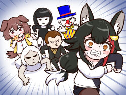  3girls animal_ear_fluff animal_ears black_hair black_hoodie black_pantyhose black_shorts bone_hair_ornament brown_hair closed_mouth commentary_request dog_ears dog_girl dog_tail dress hair_ornament highres hololive hood hoodie inugami_korone inugami_korone_(1st_costume) jacket long_hair looking_at_viewer medium_hair multicolored_hair multiple_girls ookami_mio ookami_mio_(hoodie) pantyhose ponytail red_streaks shorts streaked_hair tail tsuyoshi_(normal811) two-tone_hoodie virtual_youtuber white_dress white_hoodie wolf_ears wolf_girl yellow_eyes yellow_jacket 