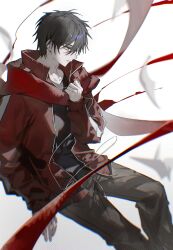  1boy 9boksen absurdres black_hair black_pants black_shirt chromatic_aberration drawstring earphones from_side hair_between_eyes highres jacket kagerou_project kisaragi_shintarou open_clothes open_jacket pants parted_lips red_eyes red_jacket red_scarf scarf shirt simple_background solo track_jacket white_background 