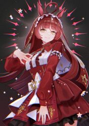  1girl absurdres ahoge akuminosan animal_ears blunt_bangs blunt_ends blunt_sidelocks brown_headdress closed_mouth commentary_request dress frilled_hairband frills hair_between_eyes hairband highres horse_ears horse_girl layered_hair long_hair long_sleeves looking_at_viewer red_desire_(divine_raiment)_(umamusume) red_desire_(umamusume) red_dress red_hair red_hairband red_headdress red_veil sidelocks smile solo star_ornament umamusume veil yellow_eyes 