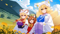  3girls animal_ears blonde_hair blue_sky blue_tabard bow breasts brown_eyes brown_hair cat_ears cat_tail chen chinese_commentary choker closed_mouth clouds commentary_request day dress fafa field flower flower_field flower_request fox_tail green_hat hair_bow hands_in_opposite_sleeves hat hat_ribbon highres kitsune large_breasts long_hair long_sleeves mob_cap mountainous_horizon multiple_girls multiple_tails open_mouth outdoors purple_dress red_bow red_ribbon red_vest ribbon ribbon_choker short_hair sky smile tabard tail touhou twitter_username vest violet_eyes white_dress white_hat yakumo_family_(touhou) yakumo_ran yakumo_yukari yellow_eyes yellow_flower 