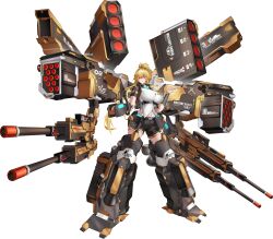  1girl absurdres armored_boots belt black_shorts blonde_hair boots breasts commentary_request full_body hair_between_eyes high_ponytail highres hk419 huge_breasts large_breasts long_hair looking_at_viewer mecha_musume mechanical_legs missile navel original ponytail red_eyes rocket_launcher science_fiction shirt short_shorts shorts solo tachi-e transparent_background weapon white_shirt 