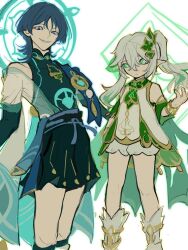  1boy 1girl 26qbl anklet aqua_halo armlet arms_at_sides asymmetrical_sidelocks belt black_belt black_bodysuit black_bow black_bridal_gauntlets black_hair black_shorts bloomers blue_cape blue_gem blue_halo blue_rope blue_sash blue_sleeves blue_trim blunt_ends body_markings bodysuit bow bracelet bridal_gauntlets bright_pupils cape choppy_bangs closed_mouth commentary_request covered_collarbone cross-shaped_pupils curled_fingers detached_sleeves dress eyeliner feathers furisode gem genshin_impact glowing_markings gold_anklet gold_armlet gold_bracelet gold_trim green_cape green_eyes green_gem green_hair green_halo green_sleeves grin hair_ornament hakama hakama_shorts halo halo_behind_head hand_up height_difference highres japanese_clothes jewelry kimono layered_sleeves leaf leaf_hair_ornament long_hair looking_at_viewer makeup mandala mandarin_collar multicolored_hair nahida_(genshin_impact) open_clothes open_kimono pleated_shorts pointy_ears pom_pom_(clothes) red_eyeliner rope sash scaramouche_(genshin_impact) see-through_clothes see-through_kimono short_dress short_sleeves shorts side_cape side_ponytail sidelocks single_off_shoulder sketch smile socks streaked_hair symbol-shaped_pupils tassel violet_eyes vision_(genshin_impact) wanderer_(genshin_impact) white_background white_bloomers white_dress white_hair white_kimono white_pupils white_sleeves white_socks yellow_feathers 