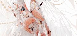  1girl anklet barefoot bracelet chain chinese_commentary commentary_request feathered_wings gold_chain harpy jewelry knees_up monster_girl muyihui original pink_robe robe simple_background solo two-tone_robe white_background white_hair white_robe white_wings wings 