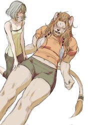  17171771_4u 2girls bike_shorts camisole closed_eyes commentary_request exercising final_fantasy final_fantasy_xiv highres hrothgar hyur korean_commentary looking_at_another midriff multiple_girls muscular muscular_female orange_shirt shirt sit-up smile sphene_(ff14) struggling wuk_lamat 