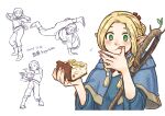  1girl :q :t ankle_boots blonde_hair blue_capelet boots braid breakdance capelet dancing dated dungeon_meshi eahsu1994 elf flexible flying_sweatdrops food food_on_face green_eyes hair_bun hair_ribbon hand_up hands_up handstand happy highres holding holding_food legs_up licking licking_finger long_hair long_sleeves looking_afar marcille multiple_views outstretched_arms pants partially_colored pie_slice pointing pointy_ears red_ribbon ribbon sash shirt shoes side_braid simple_background single_hair_bun smile spread_legs sprout staff standing tongue tongue_out twin_braids upper_body white_background 