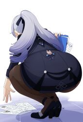  1girl absurdres ass bent_over breasts bronya_zaychik drill_hair folder from_behind highres holding holding_folder honkai_(series) honkai_impact_3rd huge_breasts office_lady pantyhose ponytail solo squatting white_background xian_dra1805 