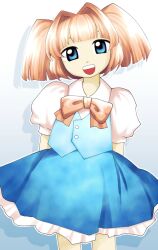  1girl 2000s_(style) :d arm_behind_back blue_background blue_eyes blue_skirt blue_vest blunt_bangs blunt_ends bow bowtie buttons cowboy_shot drop_shadow english_commentary faux_retro_artstyle frilled_skirt frills gradient_background hair_intakes head_tilt highres looking_at_viewer nnickykunn open_mouth orange_bow orange_bowtie orange_hair puffy_short_sleeves puffy_sleeves regretevator shirt short_sleeves short_twintails skirt smile solo stat_(regretevator) teeth twintails upper_teeth_only vest white_background white_shirt zun_(style) 