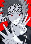  1boy bandana blurry blurry_foreground boku_no_hero_academia depth_of_field greyscale_with_colored_background hane11254 highres kirishima_eijirou looking_at_viewer male_focus red_background red_eyes spiky_hair spot_color upper_body 