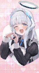  1girl alternate_costume apron black_dress blue_archive blue_necktie blush caff_(aosui9) commentary dress enmaided frilled_apron frills halo hands_up headgear heart heart_hands highres juliet_sleeves long_hair long_sleeves looking_at_viewer maid maid_apron maid_headdress mechanical_halo necktie noa_(blue_archive) one_eye_closed open_mouth puffy_sleeves smile solo violet_eyes white_apron white_hair white_halo 