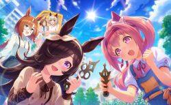  5girls ^_^ animal_ears arm_ribbon artist_request asymmetrical_sleeves bare_arms belt black_hairband black_pants blue_overalls blue_sky blunt_bangs blunt_ends bow bowtie braid brown_dress brown_hair brown_ribbon brown_shirt building buttons cellphone cherry_blossom_print cherry_blossoms clenched_hand clock_hands closed_eyes clouds collarbone collared_shirt copyright_notice cowboy_shot curious curren_chan_(casual)_(umamusume) curren_chan_(umamusume) day denim dot_nose double-breasted dress dress_shirt ear_bow ear_covers ear_ornament fine_motion_(casual)_(umamusume) fine_motion_(umamusume) floral_print flower-shaped_pupils flower_button frilled_shirt_collar frills game_asset garden glasses grey-framed_eyewear grey_bow grey_bowtie grey_eyes hair_between_eyes hair_bun hair_intakes hair_over_one_eye hair_ribbon hairband happy haru_urara_(casual)_(umamusume) haru_urara_(umamusume) high_ponytail highres holding holding_phone horse_ears horse_girl horse_tail hotel ikuno_dictus_(casual)_(umamusume) ikuno_dictus_(umamusume) jeans jewelry lace-trimmed_sleeves lace_trim light_particles long_hair long_sleeves mismatched_sleeves multicolored_hair multiple_girls neck_ribbon official_art open_mouth orange_ribbon outdoors overalls pants pendant phone pink_eyes pink_hair pink_hairband pink_shirt pink_sweater pocket ponytail print_shirt puffy_long_sleeves puffy_short_sleeves puffy_sleeves red_bow ribbon rice_shower_(casual)_(umamusume) rice_shower_(umamusume) round_eyewear shirt shirt_under_dress short_sleeves single_braid single_side_bun sky skyscraper smartphone smile streaked_hair sun suspenders sweater symbol-shaped_pupils tail tareme teeth third-party_source tree tsurime turtleneck turtleneck_sweater umamusume upper_body upper_teeth_only v-neck very_long_hair violet_eyes waist_bow white_bow white_hairband white_sweater window wrist_ribbon yellow_belt yellow_bow 