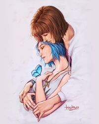  2girls blue_butterfly blue_hair bracelet brown_hair bug butterfly chloe_price grey_background highres jewelry life_is_strange_(series) life_is_strange_1 max_caulfield multiple_girls necklace short_hair signature tank_top trixdraws white_tank_top 