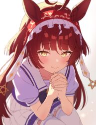  1girl ahoge animal_ears blunt_bangs blunt_ends blunt_sidelocks blush bow bowtie closed_mouth collarbone commentary_request frilled_hairband frills hair_between_eyes hairband highres horse_ears horse_girl inuyama_nanami long_hair looking_at_viewer own_hands_clasped own_hands_together pleated_skirt puffy_short_sleeves puffy_sleeves purple_bow purple_bowtie purple_shirt red_desire_(umamusume) red_hair red_hairband red_headdress red_veil sailor_collar sailor_shirt school_uniform shirt short_sleeves sidelocks skirt smile solo star_ornament thigh-highs tracen_school_uniform umamusume veil white_sailor_collar white_skirt white_thighhighs yellow_eyes 