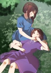 2girls :d ^_^ absurdres barefoot blue_dress blurry blurry_background blush breasts brown_hair closed_eyes closed_mouth commentary_request dress grass hairband hand_on_another's_face hand_on_own_stomach highres holding_hands konno_aiko konno_yuuki_(sao) lap_pillow light_smile lying medium_dress medium_hair multiple_girls nemu_(46_2367teimei) on_back on_ground one_eye_closed open_mouth parted_bangs purple_dress red_eyes siblings sidelocks sisters sitting small_breasts smile sword_art_online wariza white_hairband 