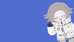  1boy aotsuki_eito artist_name black_gloves black_shoes blue_background blush_stickers closed_eyes commentary_request danganronpa_(series) glasses gloves grey_hair highres jacket male_focus no_nose open_mouth pants rizu_(rizunm) shoes simple_background solo teeth the_hundred_line_-last_defense_academy- upper_teeth_only watermark waving white_jacket white_pants 