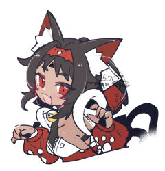  1girl animal_ear_fluff animal_ears bell black_hair blush breasts cat_ears cat_girl cat_tail commentary_request cropped_torso dark-skinned_female dark_skin detached_sleeves fang hairband kona_sleipnir long_hair looking_at_viewer multiple_tails neck_bell nekomiya_mana open_mouth ponytail red_eyes red_hairband simple_background small_breasts solo tail twitter_username two_tails upper_body white_background zenless_zone_zero 