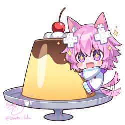  +_+ 1girl animal_ears binato_lulu cherry commentary d-pad d-pad_hair_ornament dog_ears dog_girl dog_tail drawstring english_commentary food fruit hair_ornament hood hoodie neptune_(neptunia) neptune_(series) open_mouth pudding purple_hair sidelocks solo striped_clothes striped_thighhighs tail thigh-highs violet_eyes whipped_cream white_background 