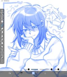  1girl 1other androgynous antenna_hair art_program_in_frame blue_theme blush chibi closed_mouth collared_shirt commentary deltarune double-parted_bangs dudmii furry furry_female hair_between_eyes highres kris_(deltarune) long_hair long_sleeves looking_at_viewer monochrome reptile_girl shirt shirt_under_sweater short_hair smile susie_(deltarune) sweater utdr_(toby_fox) 
