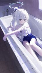  1girl absurdres bathroom blue_archive blue_halo blue_one-piece_swimsuit breasts casual_one-piece_swimsuit commentary_request frilled_one-piece_swimsuit frills halo highres in_bathtub jianjia long_hair looking_at_viewer miyako_(blue_archive) nude off-shoulder_one-piece_swimsuit off_shoulder official_alternate_costume one-piece_swimsuit small_breasts solo swimsuit two-tone_one-piece_swimsuit violet_eyes white_hair 