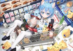  1boy 2girls ai-chan_(misskey.io) animal_ear_fluff animal_ears banknote black_dress black_shoes blobcat blue_eyes blue_hair brain brown_hair cat_boy cat_ears cat_girl chibi chibi_inset coca-cola crossdressing crossdressing_(mtf) dress frilled_dress frills green_eyes imagawayaki looking_at_viewer lvetica misskey.io money multiple_girls murakami-san_(misskey.io) open_mouth pantyhose plastic_bottle puffy_short_sleeves puffy_sleeves shoes shopping_cart short_sleeves syuilo_(misskey.io) translation_request tsuchinoko white_pantyhose 