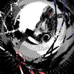  1girl abstract dress eico from_side full_body hair_over_eyes highres houjuu_nue long_hair looking_at_viewer looking_to_the_side one-hour_drawing_challenge one_eye_covered one_eye_in_shadow red_eyes solo spot_color thigh-highs touhou 