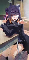  1girl :d absurdres black_bow black_bowtie black_coat black_skirt black_socks blunt_bangs bow bowtie chair classroom coat collared_shirt commentary_request desk eyepatch gradient_hair grey_sweater highres hololive hololive_english indoors kneehighs looking_at_viewer medical_eyepatch medium_hair miniskirt multicolored_hair ninomae_ina'nis ninomae_ina'nis_(school_uniform) official_alternate_costume official_alternate_hairstyle on_chair open_mouth orange_hair pink_streaks pleated_skirt pointy_ears purple_hair school_chair school_desk school_uniform shirt side_ponytail sitting skirt smile socks solo streaked_hair sweater tentacle_hair v violet_eyes virtual_youtuber white_shirt yukii91218 