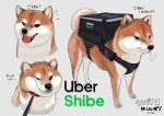  absurdres animal aster_drawing backpack bag brown_fur cellphone dog highres leash no_humans original phone shiba_inu smartphone tongue translation_request uber_eats white_fur 