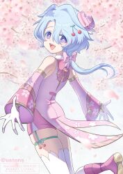  1boy blue_hair bow cherry_blossoms cherry_hair_ornament commentary_request detached_sleeves food-themed_hair_ornament hair_ornament hat highres honkai:_star_rail honkai_(series) long_hair low_ponytail male_focus mini_hat misha_(honkai:_star_rail) open_mouth pink_bow pink_shirt pink_shoes ponytail shirt shoes smile solo teeth thigh-highs usata violet_eyes white_thighhighs 