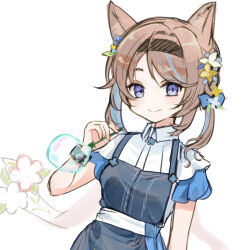  1girl animal_ears arknights aroma_(arknights) black_hairband blue_eyes blue_overalls blue_streaks blush brown_hair bubble_wand commentary_request flower hairband highres hotorina multicolored_hair one-hour_drawing_challenge overalls shirt short_hair short_sleeves smile solo streaked_hair upper_body white_flower white_shirt wolf_ears wolf_girl 