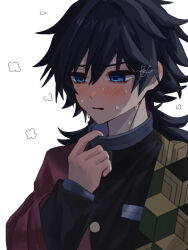 1boy black_hair black_jacket blue_eyes buttons commentary_request demon_slayer_uniform gold_buttons hair_between_eyes hand_up haori high_collar jacket japanese_clothes kikkoumon kimetsu_no_yaiba long_hair low_ponytail male_focus parted_lips ponytail print_haori red_haori refu_q simple_background solo spiky_hair sweat tomioka_giyuu upper_body white_background 