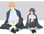  1boy 1girl :d bangs black_coat black_footwear black_hair black_pants bleach blue_eyes brown_eyes closed_mouth coat coat_on_shoulders collared_shirt dress_shirt eye_contact full_body grey_background hair_between_eyes hair_over_one_eye indian_style kuchiki_rukia kurosaki_ichigo long_sleeves looking_at_another open_clothes open_coat orange_hair pants shirt short_hair sitting sketch smile spiky_hair vvv1356_ygo white_shirt wing_collar 