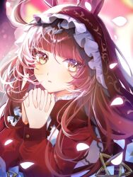  1girl ahoge animal_ears blunt_bangs blunt_ends blunt_sidelocks blush brown_headdress commentary_request dress frilled_hairband frills hair_between_eyes hairband horse_ears horse_girl interlocked_fingers long_hair long_sleeves looking_at_viewer own_hands_clasped own_hands_together parted_lips red_desire_(divine_raiment)_(umamusume) red_desire_(umamusume) red_dress red_hair red_hairband red_headdress red_veil sidelocks solo star_ornament umamusume veil yellow_eyes yomohira 