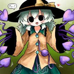  1girl :d black_eyes black_hat blush bow buttons collared_shirt commentary diamond_button disembodied_linked_eye empty_eyes eyeball floral_print frilled_shirt_collar frilled_sleeves frills gradient_background green_background green_hair green_skirt hat hat_bow heart heripantomorrow komeiji_koishi long_sleeves looking_at_viewer open_mouth print_skirt rose_print shirt skirt sleeves_past_fingers sleeves_past_wrists smile solo speech_bubble touhou translation_request untranslatable_commentary wide_sleeves yellow_bow yellow_shirt 