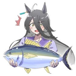  1girl animal animal_ears commentary ear_ornament fish highres holding holding_animal holding_fish horse_ears horse_girl long_hair manhattan_cafe_(umamusume) open_mouth school_uniform solo surprised tracen_school_uniform umamusume untranslatable_commentary yirga 