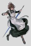  1boy alternate_costume apron black_shirt brown_hair dress frills granblue_fantasy grey_background high_heels highres holding holding_sword holding_weapon long_sleeves maid maid_apron male_focus red_eyes ribbon sandalphon_(granblue_fantasy) sanditk_gbf shirt simple_background sword weapon 