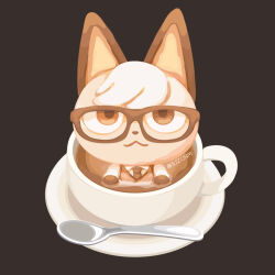  animal_crossing artist_name black-framed_eyewear black_background black_gloves black_necktie coffee coffee_mug collared_shirt commentary_request cup food food_focus gloves latte_art mug necktie no_humans raymond_(animal_crossing) rizu_(rizunm) saucer shirt simple_background spoon still_life vest white_shirt 