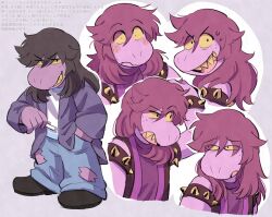  1girl armlet black_eyes blue_pants blush bracelet brown_hair cardigan chalk closed_mouth colored_sclera colored_skin colored_teeth commentary_request deltarune denim double-parted_bangs dual_persona furry furry_female grin hair_between_eyes hand_in_pocket highres holding holding_chalk jeans jewelry long_hair looking_at_viewer nomu_poncha open_mouth pants purple_cardigan purple_hair purple_skin reptile_girl sharp_teeth shirt smile solo spiked_armlet spiked_bracelet spikes susie_(dark_world)_(deltarune) susie_(deltarune) sweat t-shirt teeth torn_clothes torn_jeans torn_pants upper_teeth_only utdr_(toby_fox) white_shirt yellow_sclera yellow_teeth 