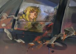  1girl absurdres blonde_hair blue_eyes burning burning_paper car curtained_hair earrings from_outside highres jewelry long_hair motor_vehicle muyihui original parted_hair parted_lips sitting solo 