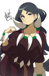  1girl black_hair breasts brown_skirt drasna_(pokemon) earrings jewelry large_breasts long_hair mature_female mituyota_76 necklace plump pokemon pokemon_x_and_y skirt smile solo tooth_earrings tooth_necklace wrinkled_skin 